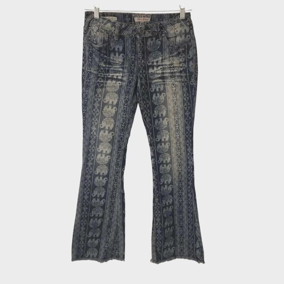 Hot Kiss Nina Flare Jeans Boho Hippie Mantra Disco Elephant Print Stretch Sz 7 - Picture 1 of 16